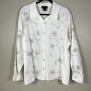 Vintage C B STUDIO Womens XL 100% Linen Floral Embroidered Long Sleeve Button Up